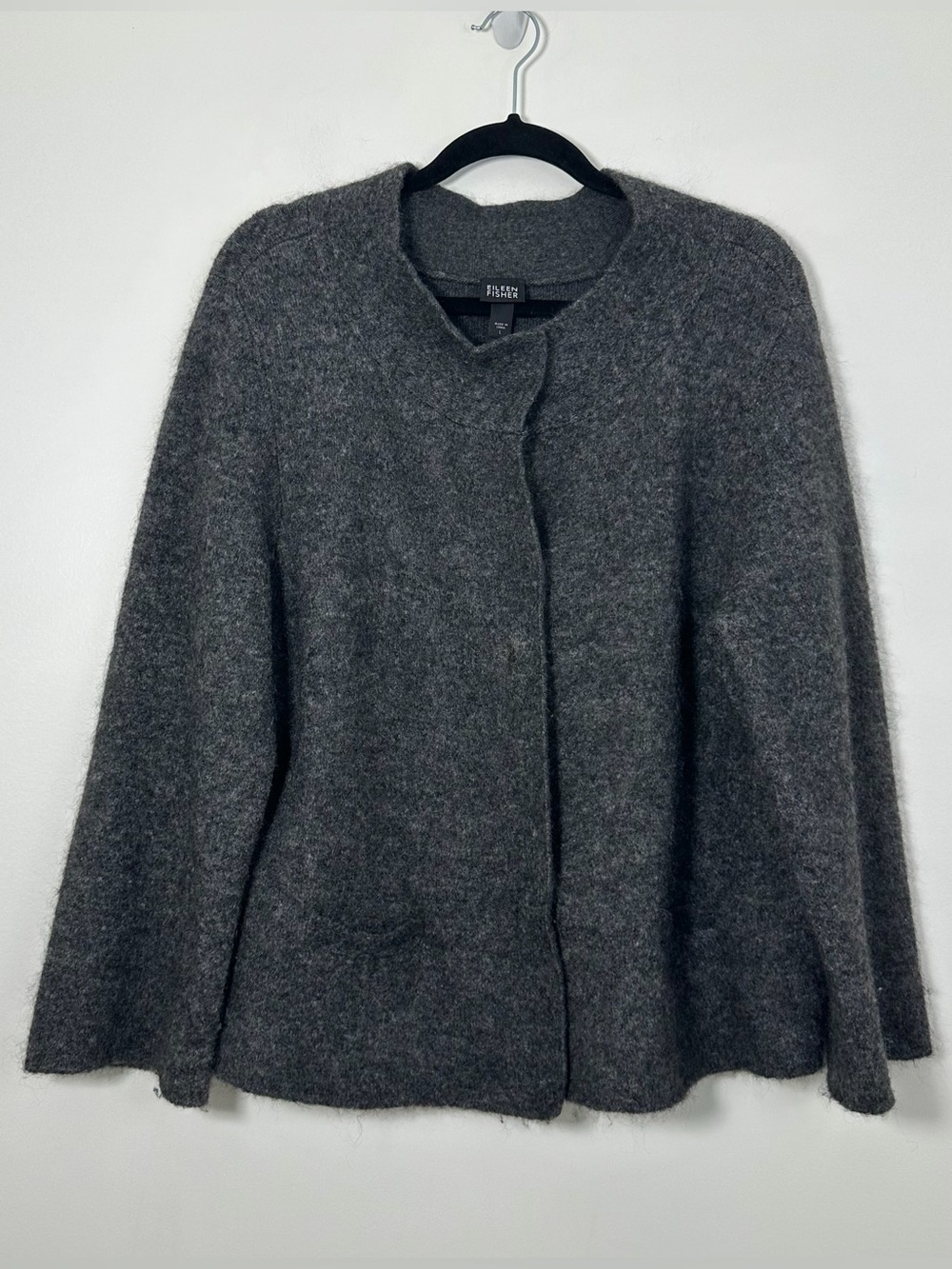 Eileen Fisher Women’s Large Charcoal Gray Mohair Wool Blend Open Front Cardigan